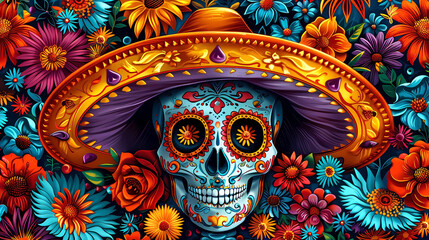 Fototapeta premium Day of the Dead, sugar skull wearing a sombrero with vibrant florals. 