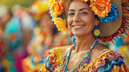 Mature Spanish woman in traditional Hispanic costumes in Heritage carnival. Hispanic Heritage month.