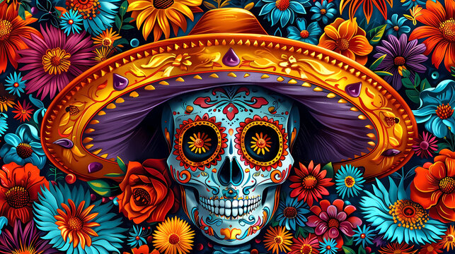 Day of the Dead, sugar skull wearing a sombrero with vibrant florals. 