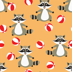 Vector seamless repeating childish pattern with cute raccoon in doodle style. Animals background for invitation, poster, card, flyer, textile, fabric