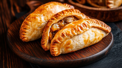 Traditional Argentine food Empanadas. Golden-brown pastries with a flaky crust, filled with minced meat, onions, and spices, and baked with a crimped edge.
