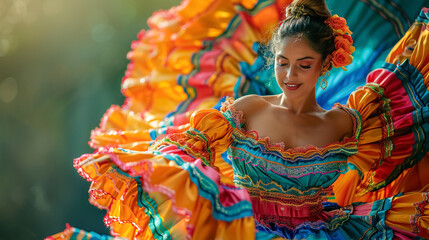 Mature Spanish woman in traditional Hispanic costumes in Heritage carnival. Hispanic Heritage month.