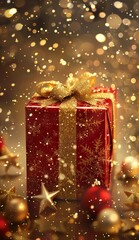 Festive Christmas present with golden ribbon and snowflakes, holiday gift wrapped in red