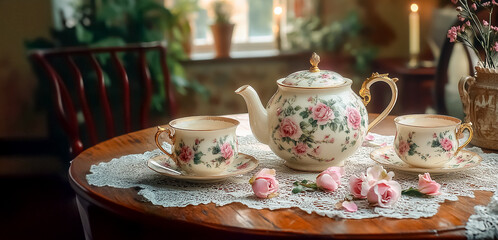 Fototapeta premium Tea set in vintage English style. Comfort and nostalgic atmosphere. Gardencore