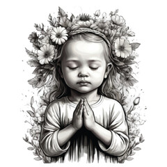adorable little baby adorned with natural flower black and white vector avatar illustration 