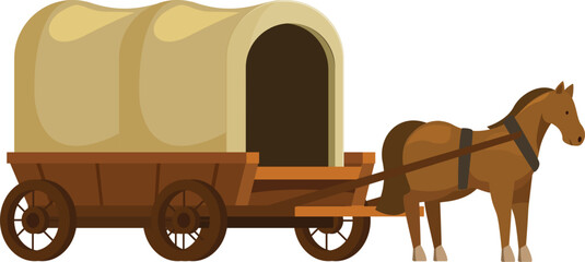 Brown horse pulling covered wagon on white background © nsit0108