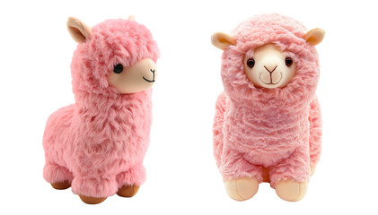 Plush pink alpaca or llama toys isolated on transparent background. Clipart for toy catalog, nursery decor, and children's products.