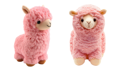 Plush pink alpaca or llama toys isolated on transparent background. Clipart for toy catalog, nursery decor, and children's products.