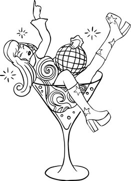 Disco girl 70s in Martini glass holding disco ball. Celebration icon. Bachelorette disco party illumination.