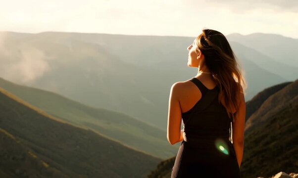 Mujer practicando sofrolog&iacute;a en la monta&ntilde;a, con los ojos cerrados, meditando, hiking
