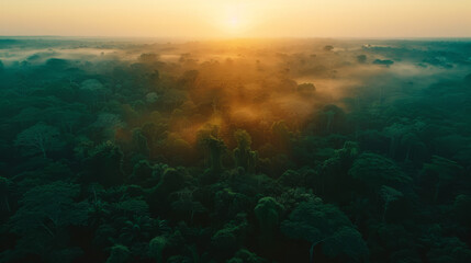 Obraz premium Amazon Forest Sunset: Stunning Drone Aerial Cinematic Shot Enhanced with AI