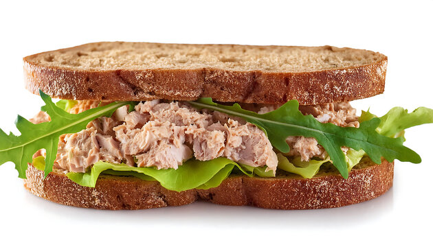  Tuna salad sandwich with lettuce and arugula on whole grain bread isolated on white backgro_1(189)
