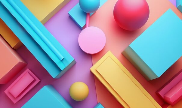 3D geometric shapes in vibrant colors on matching backgrounds, seamless blending