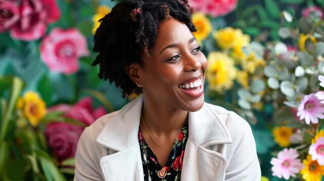A joyful conversation unfolds as bright flowers surround two friends sharing laughter and connection in a lively atmosphere