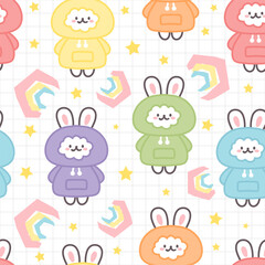 Obraz premium Cute colorful doodle han drawn bunny, greenn, yellow, violet, blue, pink hoodie, stars in the sky with rainbows. Kids seamless pattern background.