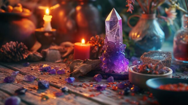 Mystical scene of a crystal wand and spell ingredients, ready for a witch to perform a powerful ritual and summon magical forces