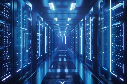 futuristic data center with rows of sleek server racks pulsing with fiber optic cables and led indicators cool blue lighting and reflective surfaces create depth