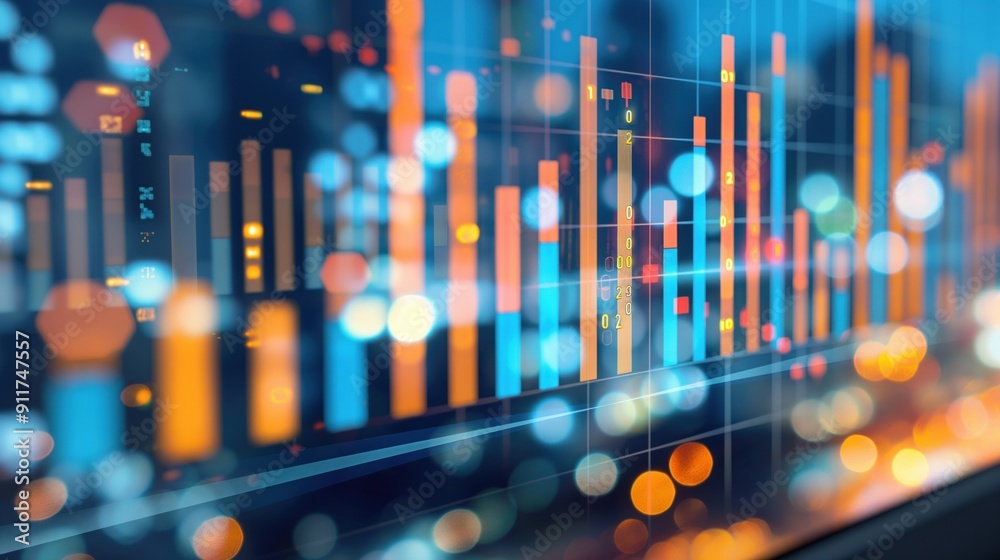 Poster a colorful data visualization showcases trends and metrics during a business analysis session in an 