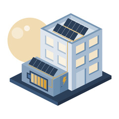 Illustration of eco friendly building with photovoltaic modules on the roof and energy storage container. 