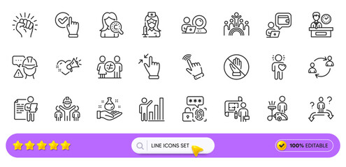 Presentation time, Discrimination and Engineering team line icons for web app. Pack of Love message, Business choice, Biometric security pictogram icons. Vaccination, Checkbox, Plan signs. Vector