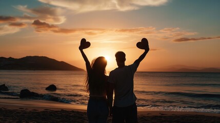 Fototapeta premium A couple stands on the beach at sunset, silhouetted, holding heart shapes above their heads as the sun sets behind them, casting a warm glow over the tranquil ocean