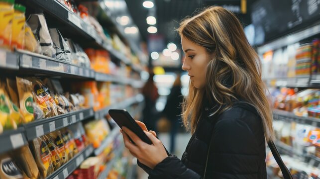 A young woman browses products in a grocery store aisle, focused on her smartphone, surrounded by shelves filled with various packaged goods