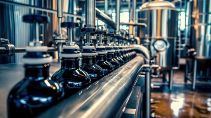 Naklejka premium A bottling line is operational in a modern factory, showcasing black bottles moving along stainless steel machinery as dawn light filters through the windows