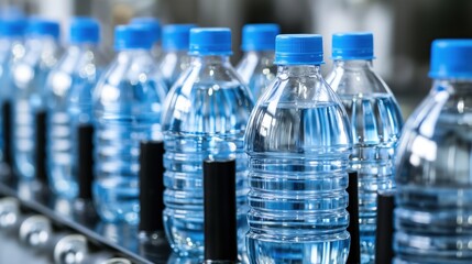 Clear bottled water is being processed on a conveyor belt in a factory, with blue caps neatly arranged and sunlight illuminating the workspace