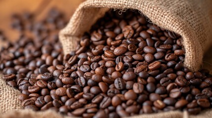Dark roasted coffee beans cascade from a jute bag, showcasing their rich brown color on a textured wooden surface, emphasizing freshness and quality
