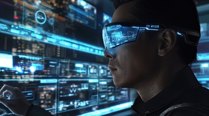 A person wears augmented reality glasses while engaging with multiple digital screens in a futuristic tech setting, conveying deep concentration and advanced technological interaction
