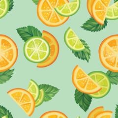 Fresh fruits summer seamles pattern. Fresh orange, lime, citron sliced pieces and mint leaves. Vector colorful food drawing nature background with fruits.