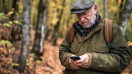 Obraz premium An older gentleman, wearing a jacket and cap, is focused on his smartphone as he strolls along a wooded path adorned with vibrant autumn leaves