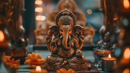 Fototapeta premium A golden Ganesha statue is placed amid vibrant flowers and soft candlelight, creating a serene atmosphere for worship during a festive evening