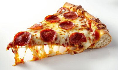 A pepperoni pizza slice with gooey melted cheese and crispy crust, isolated on white background