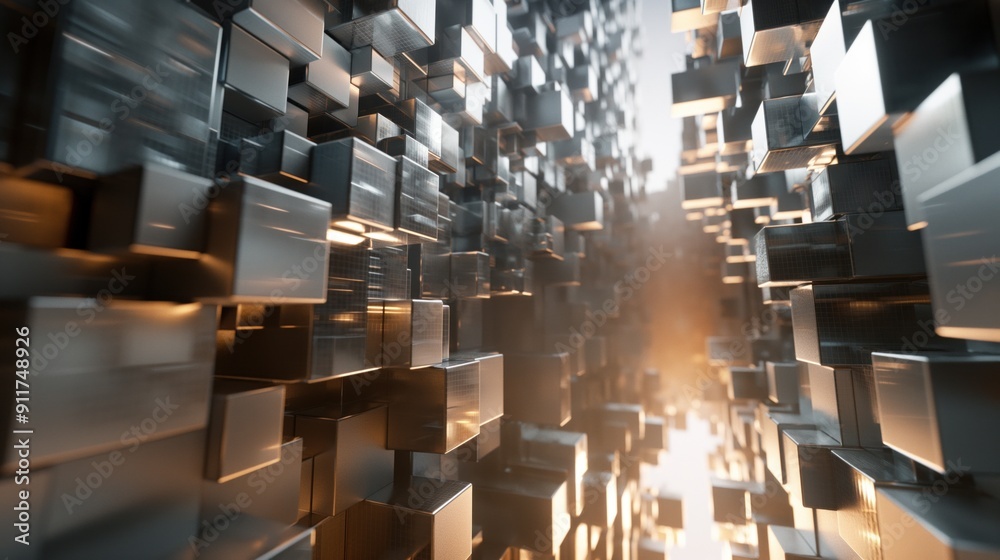 Poster a dynamic array of reflective metallic cubes fills the space, illuminated by warm light, creating a 