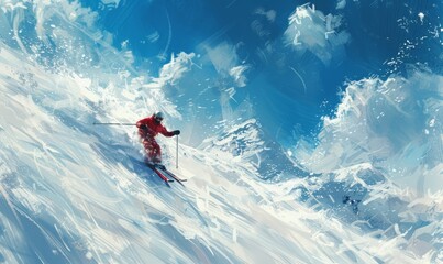 A skier carving their way down a snow-covered mountain, the wind whipping through their hair