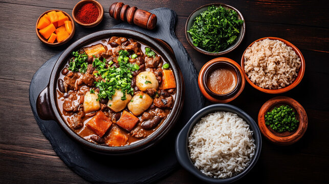 Traditional Brazilian food Feijoada with black beans, meats, and spices in a clay pot, garnished with herbs and served with rice, collard greens, cucumber, and seasonings.