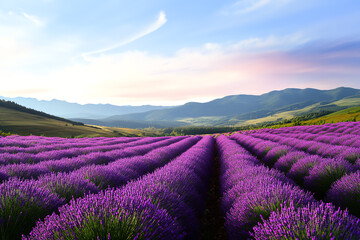 A field of lavender flowers with a beautiful blue sky in the background