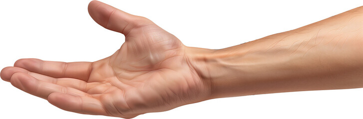 A man's hand outstretched, isolated from a transparent white background