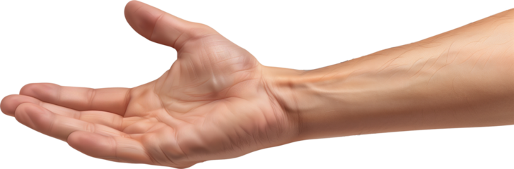 A man's hand outstretched, isolated from a transparent white background