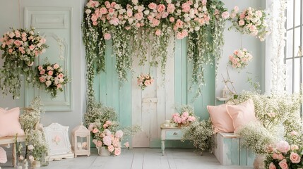 Fototapeta premium 花とカントリー スタイルで装飾された部屋