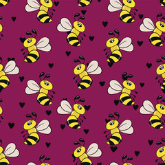 Seamless pattern with bees on color background. Small wasp. Vector illustration. Adorable cartoon character. Template design for invitation, cards, textile, fabric. Doodle style