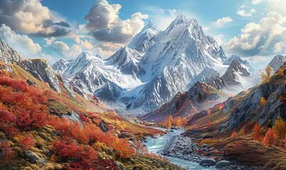Alpine landscape in autumn, snow-dusted peaks framed by colorful hillsides, mountain rivers carving through rugged terrain, a breathtaking scene of nature's palette