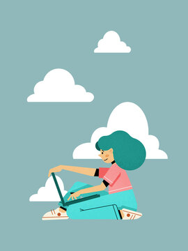 Modern woman using netbook against clouds