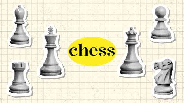 chess pieces set concept template design with retro grunge halftone dotted collage elements on vintage paper noise texture background