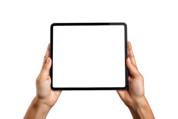 A man's hand using a tablet with the white screen, isolated from the background, graphic resource to replace