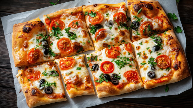 Traditional Italian food Pizza. This rectangular pizza features a crispy crust topped with melted cheese, sliced cherry tomatoes, black olives, and fresh parsley.