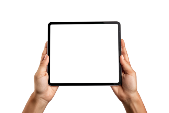 A man's hand using a tablet with the white screen, isolated from the background, graphic resource to replace