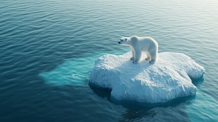 Fototapeta premium Polar bear melting ice representing sustainability climate change in sea caps small iceberg open ocean hidden depth