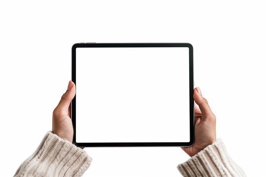 A man's hand using a tablet with the white screen, isolated from the background, graphic resource to replace